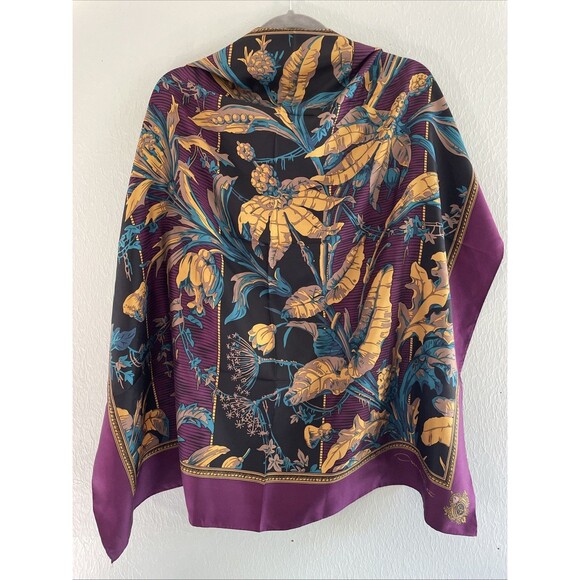 Oscar De La Renta Silk Scarf Tropical Purple Gold Black 31x31 - Picture 1 of 5